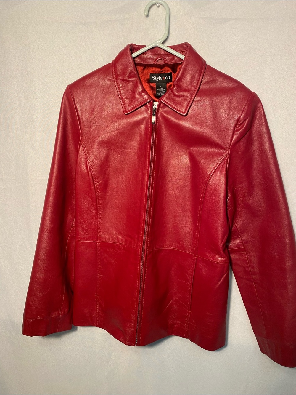 Style & Co. Red Leather Zip-Front Jacket with Point Collar